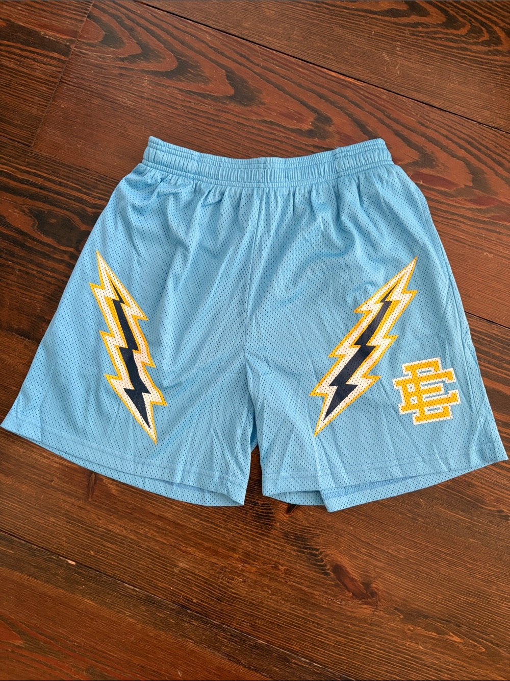 Eric Emanuel Light Blue Men's Athletic Mesh Shorts with Yellow Lightning Detail